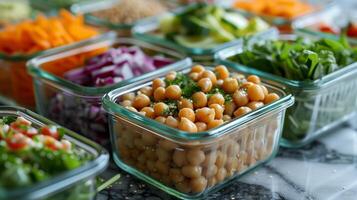 Glass containers with colorful salads including quinoa chickpeas cherry tomatoes and mixed greens, photography photo