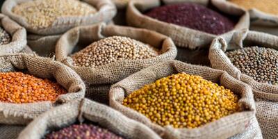 Organic grains and legumes displayed in rustic burlap sacks at a local market, photography photo