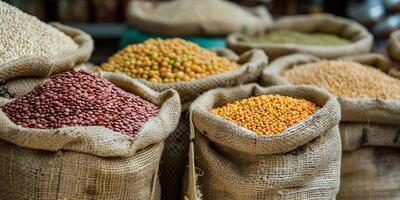 Organic grains and legumes displayed in rustic burlap sacks at a local market, photo