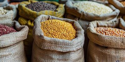Organic grains and legumes displayed in rustic burlap sacks at a local market, photo