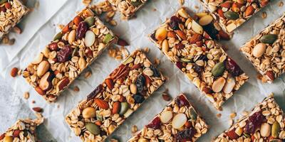 Collection of paleo granola bars packed with nuts, seeds, and dried fruits, arranged on parchment paper, picture photo