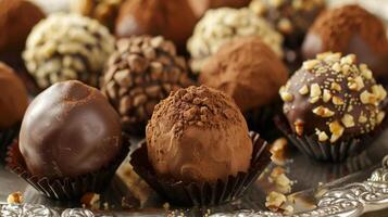 Collection of sugar-free chocolate truffles on a silver platter decorated with cocoa powder and crushed nuts, photo