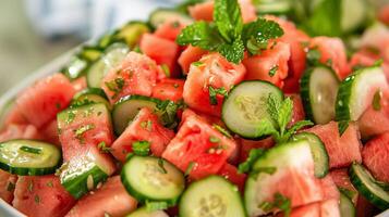 Watermelon salad with cubes of watermelon cucumber slices fresh mint leaves and a drizzle of lime juice, photography photo