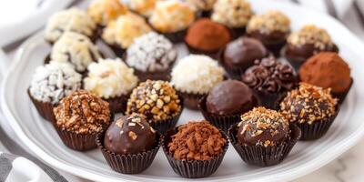 Colorful array of keto fat bombs, including coconut, chocolate, and peanut butter, on a white plate, photorealistic photo
