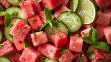 Watermelon salad with cubes of watermelon cucumber slices fresh mint leaves and a drizzle of lime juice, photo