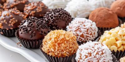 Colorful array of keto fat bombs, including coconut, chocolate, and peanut butter, on a white plate, photography photo
