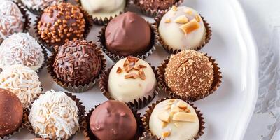 Colorful array of keto fat bombs, including coconut, chocolate, and peanut butter, on a white plate, photo