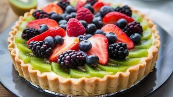 A colorful fruit tart with a crisp pastry shell filled with vanilla custard and topped with an array of fresh berries and kiwi slices, photography photo