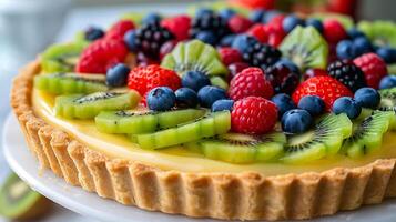 A colorful fruit tart with a crisp pastry shell filled with vanilla custard and topped with an array of fresh berries and kiwi slices, photorealistic photo