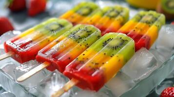 Colorful platter of sugar-free fruit popsicles on a bed of ice featuring strawberry mango and kiwi layers, picture photo