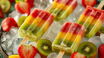 Colorful platter of sugar-free fruit popsicles on a bed of ice featuring strawberry mango and kiwi layers, photo