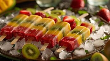 Colorful platter of sugar-free fruit popsicles on a bed of ice featuring strawberry mango and kiwi layers, photography photo