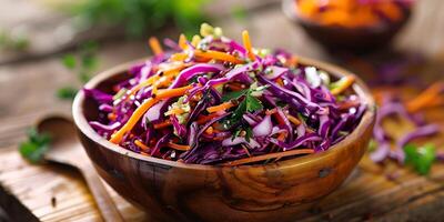 Colorful raw coleslaw with shredded red cabbage, carrots, and creamy avocado dressing in a rustic wooden bowl, photorealistic photo