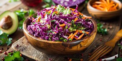 Colorful raw coleslaw with shredded red cabbage, carrots, and creamy avocado dressing in a rustic wooden bowl, photography photo