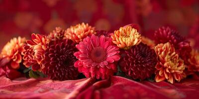 Combination of chrysanthemums and gerbera daisies, adorned with a velvet band, picture photo
