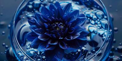 Dahlia in a glass vessel of dark blue dye, the color spreading slowly, photography photo