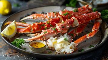 Alaskan king crab legs served with drawn butter and lemon, photorealistic photo
