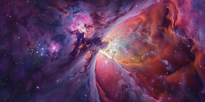 Deep-space view of the Orion Nebula with gas and newborn stars, photography photo