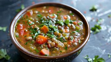 Deep bowl of hearty lentil soup with green and red lentils diced vegetables cumin and coriander, picture photo