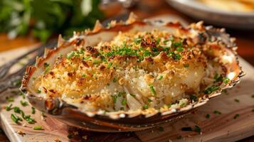 Stuffed crab shell with creamy crab mixture and golden breadcrumb crust, picture photo