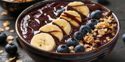 Close-up of a vibrant raw acai bowl with toppings, photography photo