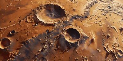 Detailed image of Mars surface showing various geological features like craters, valleys, and dust storms, photo