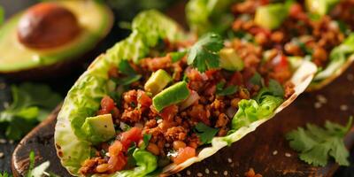 Detailed shot of a raw vegan taco with walnut meat, fresh salsa, avocado, and cilantro in a lettuce leaf, picture photo