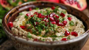 Dish of baba ganoush garnished with pomegranate seeds and parsley, picture photo