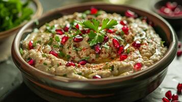 Dish of baba ganoush garnished with pomegranate seeds and parsley, photorealistic photo