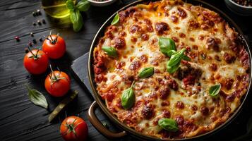 Dish of bubbling cheesy lasagna with tender pasta meat sauce and mozzarella, photo