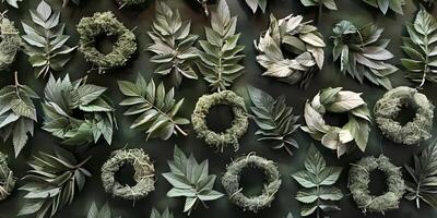 Display of dried nettle leaves arranged in circular formations, photo