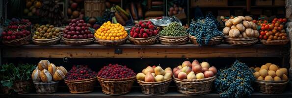 Display of fruit, berries, and breads in a market with moody colors, photorealistic photo