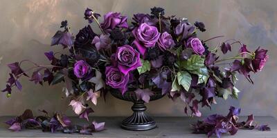 Dramatic arrangement of black magic roses and deep purple lisianthus, accented with cascading ivy and dark foliage, photography photo