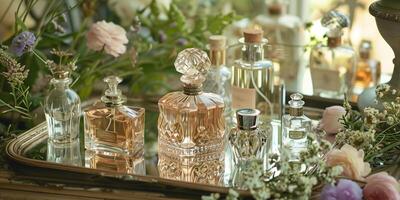 Various perfumes in ornate bottles on mirrored tray with floral decorations, picture photo