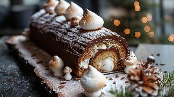 Festive Yule log cake topped with chocolate ganache meringue mushrooms powdered sugar, photorealistic photo