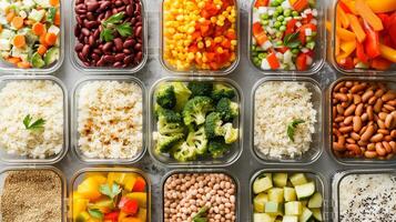 Flat lay of meal prep containers with rice beans mixed vegetables budget-friendly, photorealistic photo