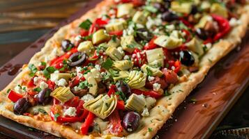 Flatbread pizza topped with roasted red peppers artichoke hearts kalamata olives and crumbled feta cheese, picture photo