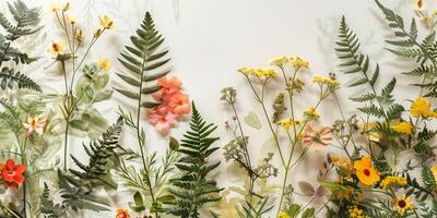 Framed display of pressed ferns and delicate flower blossoms arranged with precision, photography photo