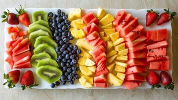 Fresh fruit platter with sliced watermelon pineapple kiwi strawberries blueberries beautifully arranged, photorealistic photo