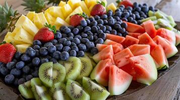 Fresh fruit platter with sliced watermelon pineapple kiwi strawberries blueberries beautifully arranged, picture photo
