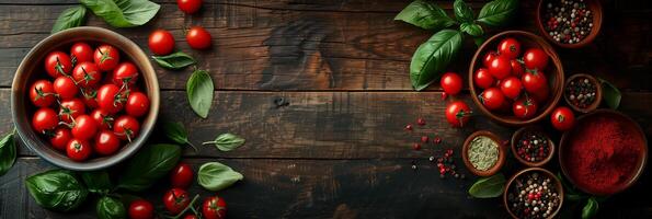 Fresh harvest of cherry tomatoes with spices and herbs on a dark wood table, picture photo