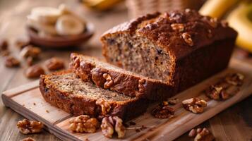 A freshly baked loaf of banana bread sliced to reveal its moist and tender crumb with walnuts scattered throughout, photo