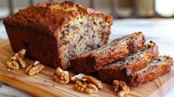 A freshly baked loaf of banana bread sliced to reveal its moist and tender crumb with walnuts scattered throughout, photography photo