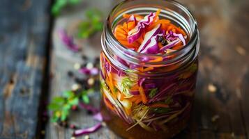 Glass jar of chopped vegetables like carrots cabbage radishes in brine, picture photo