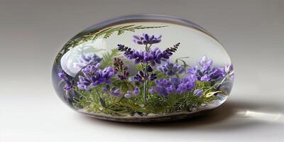 Glass paperweight with pressed lavender blooms and tiny fern fronds, photo