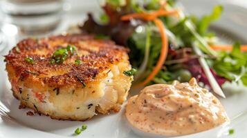 Glossy golden-brown crab cake served with remoulade sauce and a small salad garnish, photo