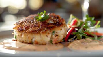 Glossy golden-brown crab cake served with remoulade sauce and a small salad garnish, photography photo