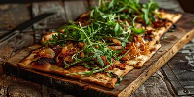 Gluten-free flatbread with roasted garlic and caramelized onions, photo