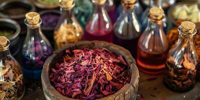 Heap of crushed madder roots in wooden bowl, surrounded by bottles of dye solutions, photo