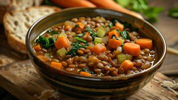 Hearty bowl of lentil soup filled with diced carrots celery onions and spinach served with a slice of crusty bread on the side, photo